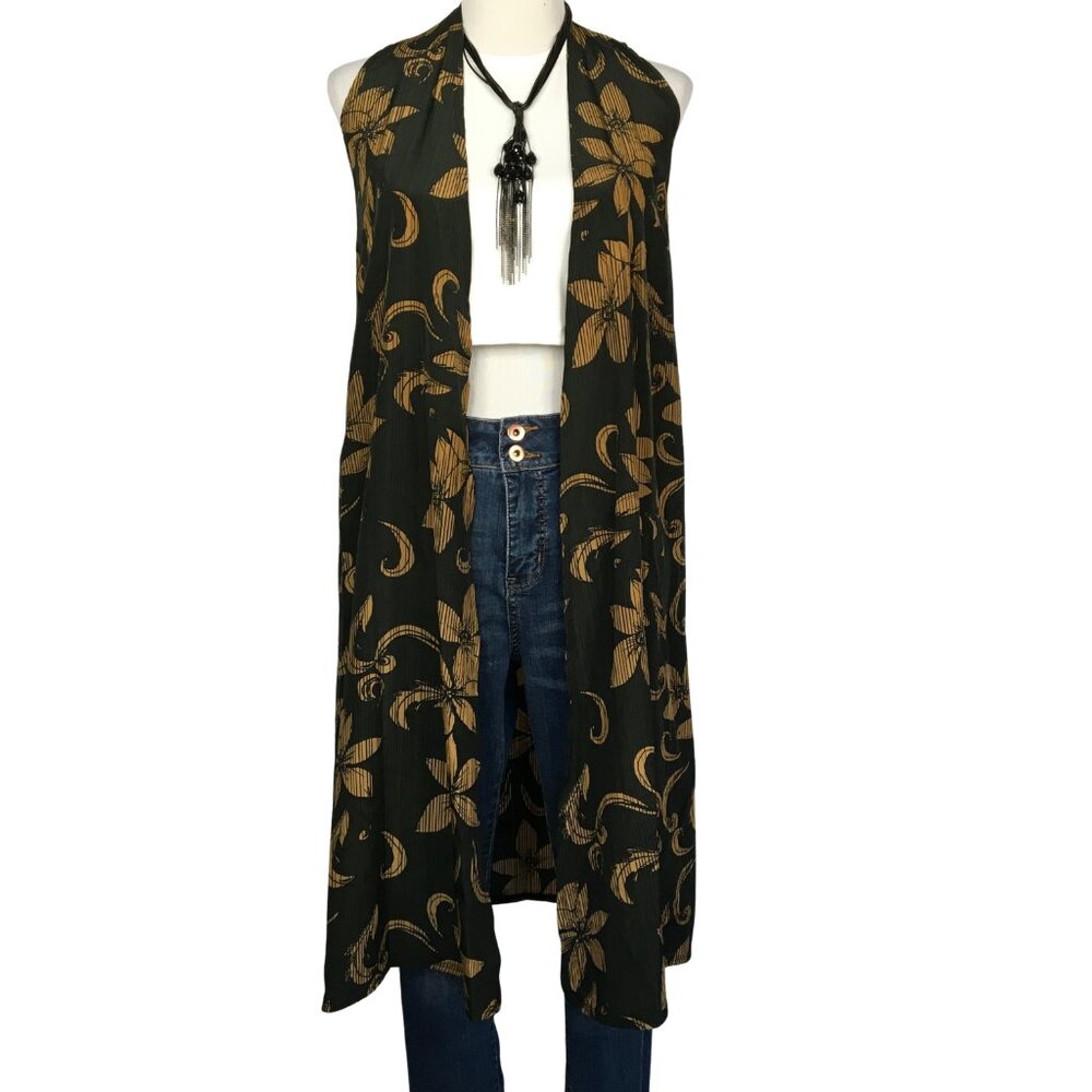 LuLaRoe Joy Long Vest –  Dark Green with Black with Golden Floral Print